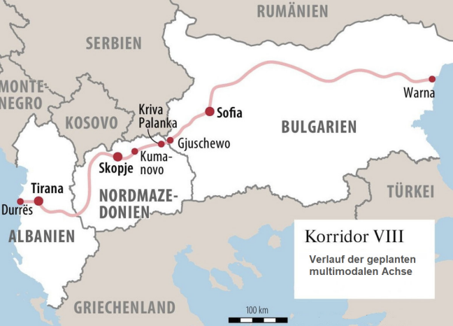 Karte des Korridors VIII von Durres über Skopje und Sofia bis Warna.